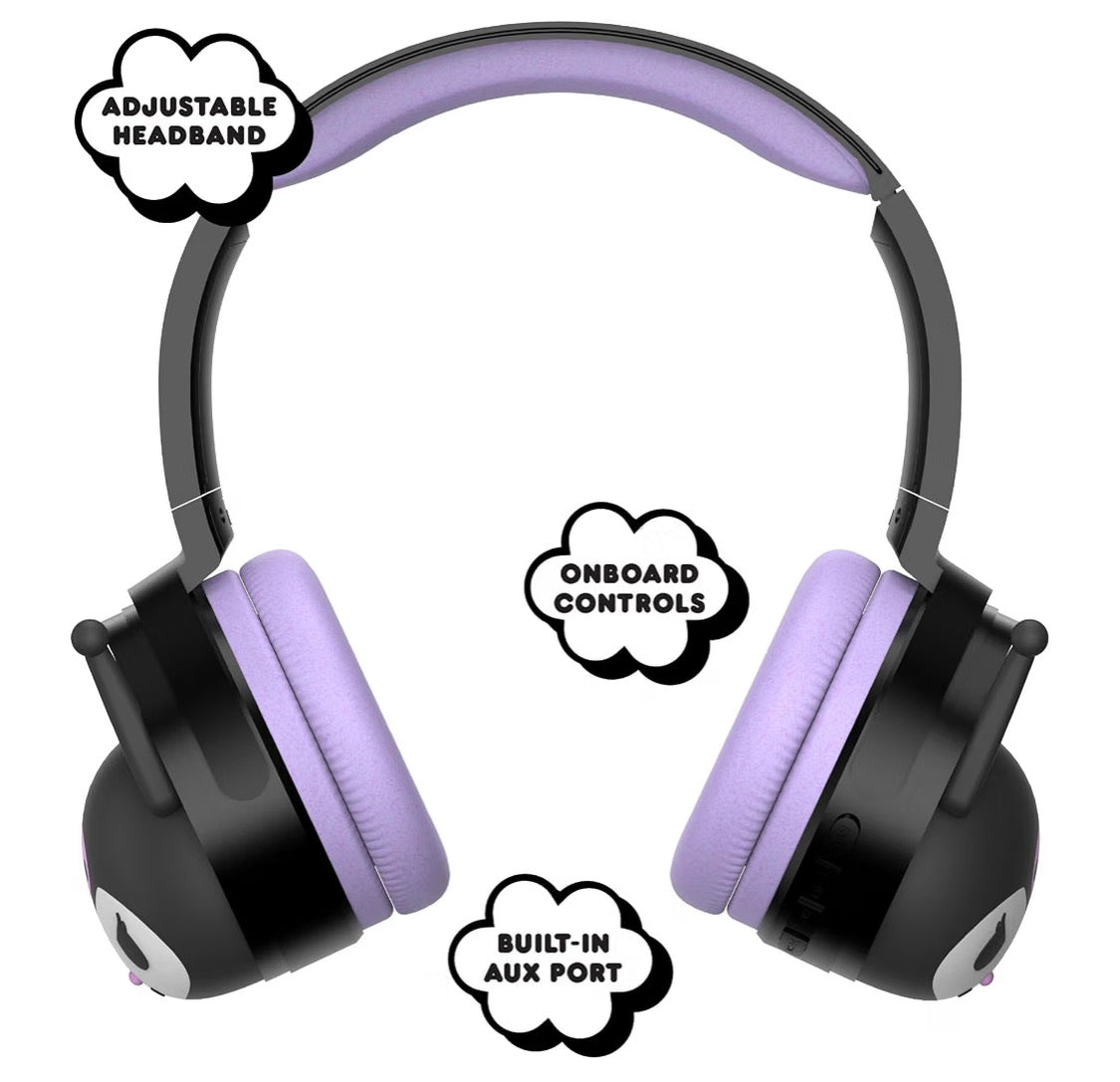 Hello Kitty 2-in-1 Wireless Bluetooth Headphones with Wired Earbuds – Foldable Over-Ear Headset with Built-in Mic, AUX Cable, Adjustable Headband, and Onboard Controls – Kuromi