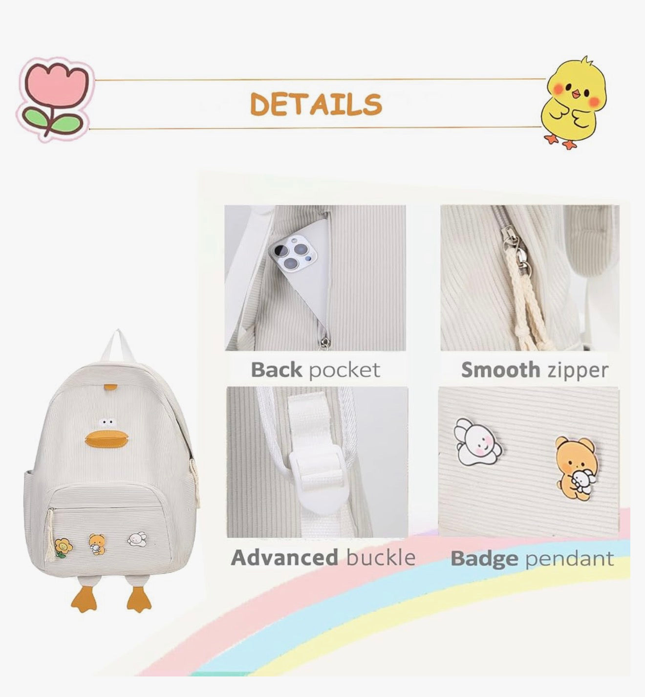 Oulike Eend Rugsak vir Tienermeisies Vroue, Kawaii Snaakse Estetiese Koordfluweel Boeksak vir Hoër Middel Skool - (Wit)