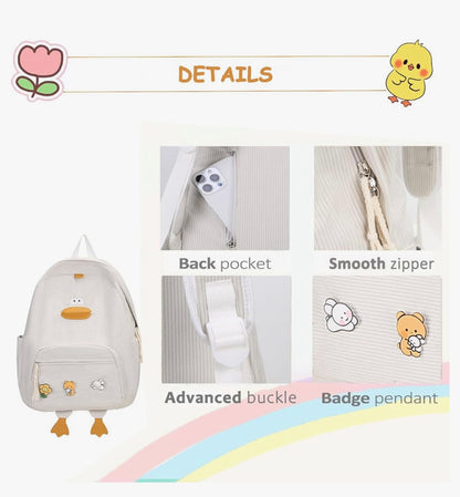 Oulike Eend Rugsak vir Tienermeisies Vroue, Kawaii Snaakse Estetiese Koordfluweel Boeksak vir Hoër Middel Skool - (Wit)