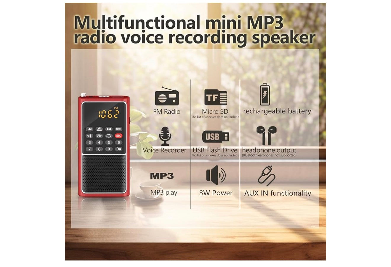 Mini Draagbare FM-radio-USB-speler, TF/SD-kaart/USB-gleufondersteuning Mp3-speelopname, Sak-Walkman Klein radio met sluitsleutel, Polsband, Herlaaibare battery-aangedrewe, Uitstekende ontvangs en klank - (Rooi)