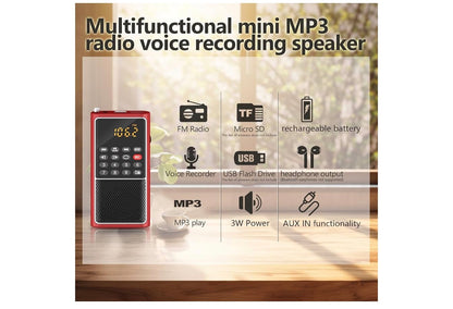 Mini Draagbare FM-radio-USB-speler, TF/SD-kaart/USB-gleufondersteuning Mp3-speelopname, Sak-Walkman Klein radio met sluitsleutel, Polsband, Herlaaibare battery-aangedrewe, Uitstekende ontvangs en klank - (Rooi)