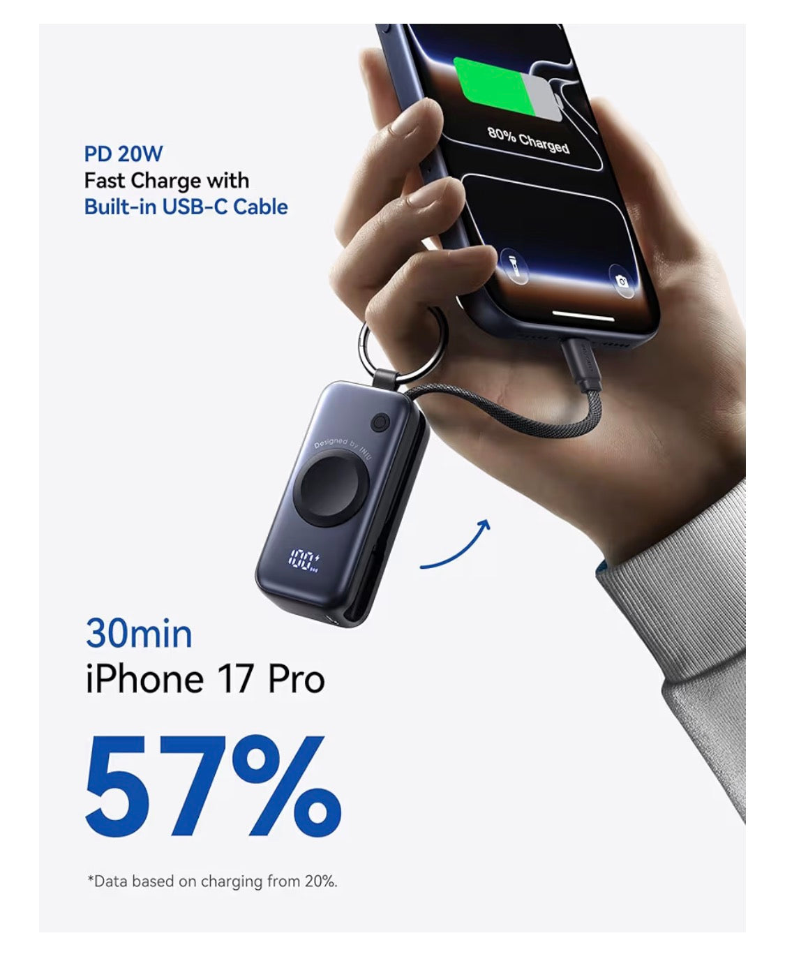 Portable Charger, 5000mAh Power Bank for Apple Watch, 20W PD Fast Charging with Built-in USB C Cable - Black