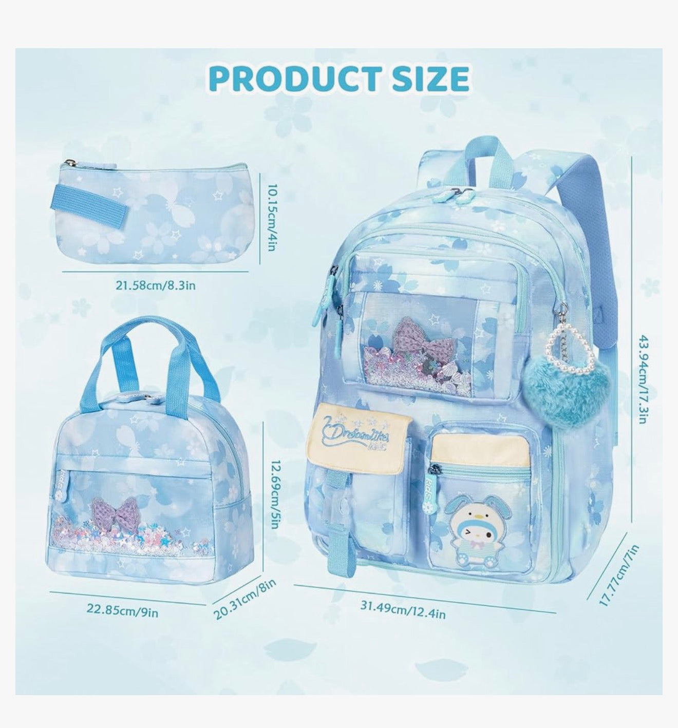 Kindersstelle Rugsak 17" vir Meisies, Spotprent Skooltas vir Laerskool Middelbare Skool Studente Boektas met Kosblik & Potloodsakkie - (Blou)
