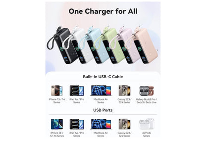 3-in-1 Portable Charger, Small 10000mah 30W Fast Charging Power Bank with Built-in USB C Cable and Foldable AC Plug - (Pink)