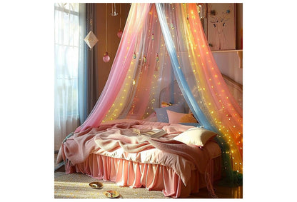 Muskietnet Bedkap Rainbow met LED-liggies Bedgordyne Volgrootte van Plafon, Koepelmuskietnet Beddekor