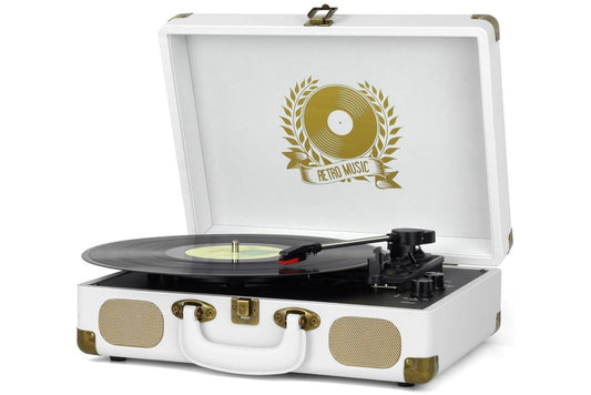 Platenspeler Bluetooth Platespeler 3-Spoed Tas Draagbare Vintage Bandgedrewe Vinielplatenspeler met Ingeboude Luidsprekers RCA Lynuitgang AUX - (Wit)