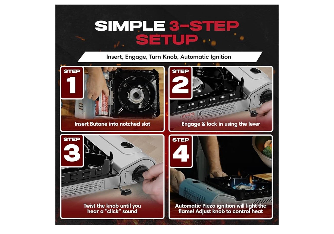 Chef Master 15,000 BTU Butane Portable Camp Stove | Double Wind-Guard Portable Stove Burner w/Piezo Click Ignition for Emergencies, Tailgating, Hiking, Backpacking & Camping Essentials - 90019
Double Wind Guard, Piezo Ignition, Canister Safety Lock, Press