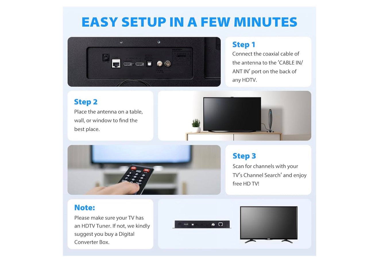 TV-antenna binnenshuis, antenna vir slim-TV vir langafstandontvangs en alle slim/ou TV's, HD digitale antenna met versterkersinjaalversterker vir plaaslike kanale, ondersteun 4K 1080p