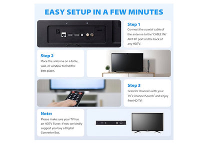 TV-antenna binnenshuis, antenna vir slim-TV vir langafstandontvangs en alle slim/ou TV's, HD digitale antenna met versterkersinjaalversterker vir plaaslike kanale, ondersteun 4K 1080p