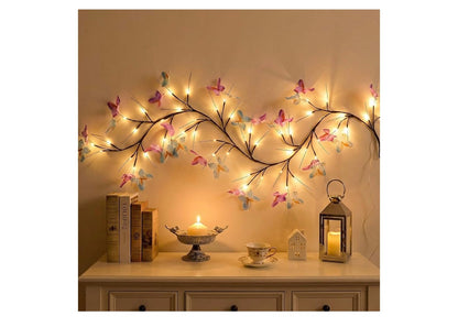 Wilgerranklig met Vlinder 48LED 1.8M Betowerde Muurversiering 8 Ligmodusse vir Binneshuise Huis Muurversiering - (Warm Wit)