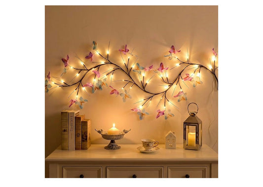 Wilgerranklig met Vlinder 48LED 1.8M Betowerde Muurversiering 8 Ligmodusse vir Binneshuise Huis Muurversiering - (Warm Wit)