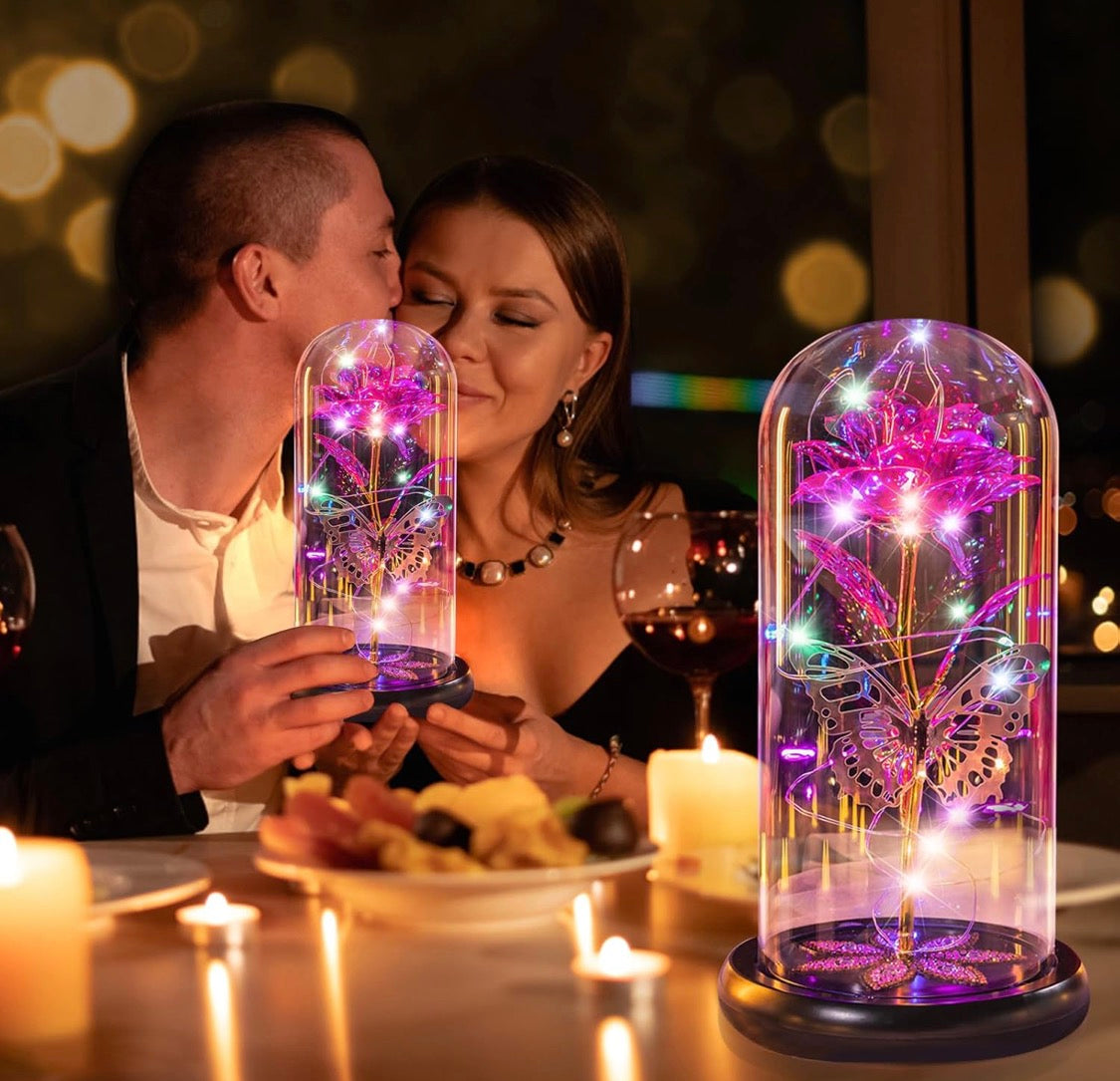 Red - Preserved Crystal Roses in Glass Dome LED Lights w/ Butterfly