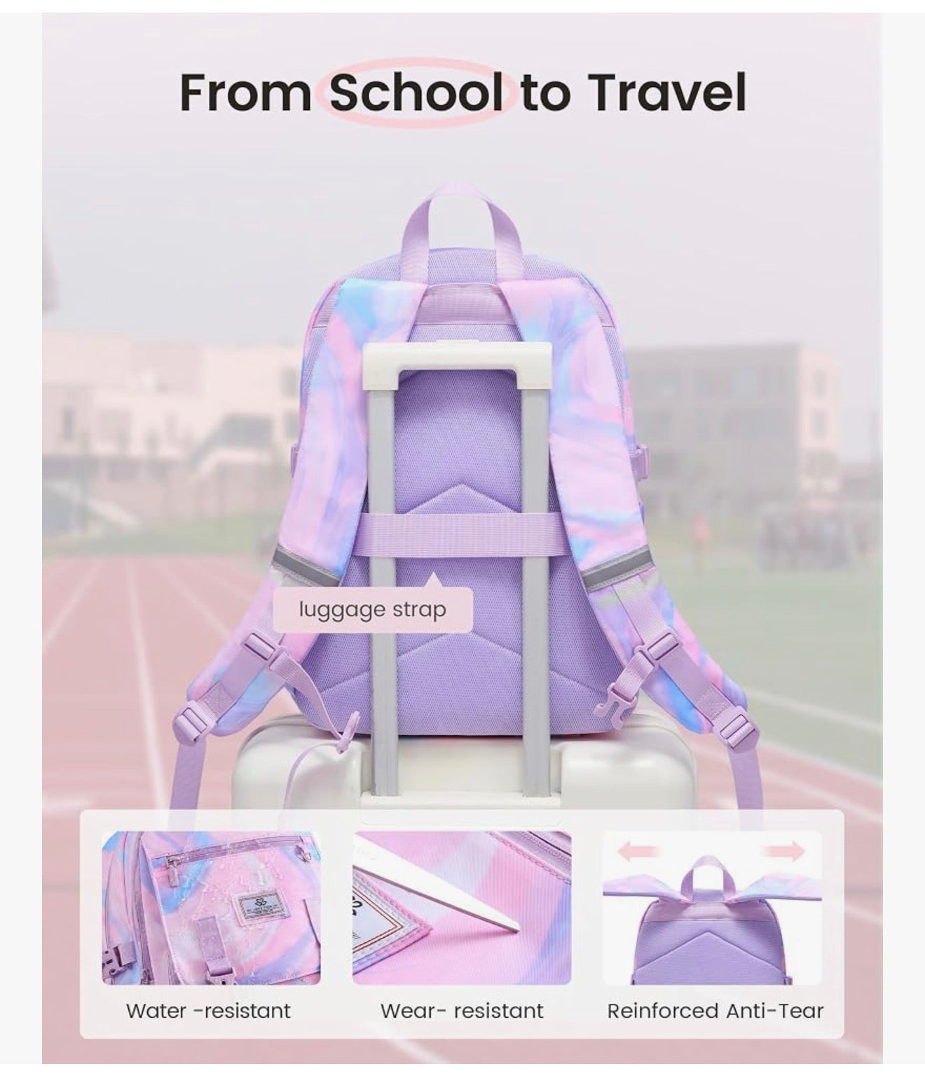 Skoolrugsak 15.6" Waterbestande Terug-skool-toe Rugsakke, Oulike Kind Boeksak Met Sjarme, Groot Kollege Reis dagsak - (Laventel & Room)