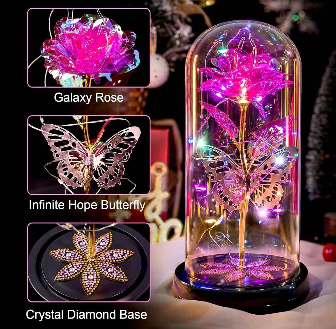 Red - Preserved Crystal Roses in Glass Dome LED Lights w/ Butterfly