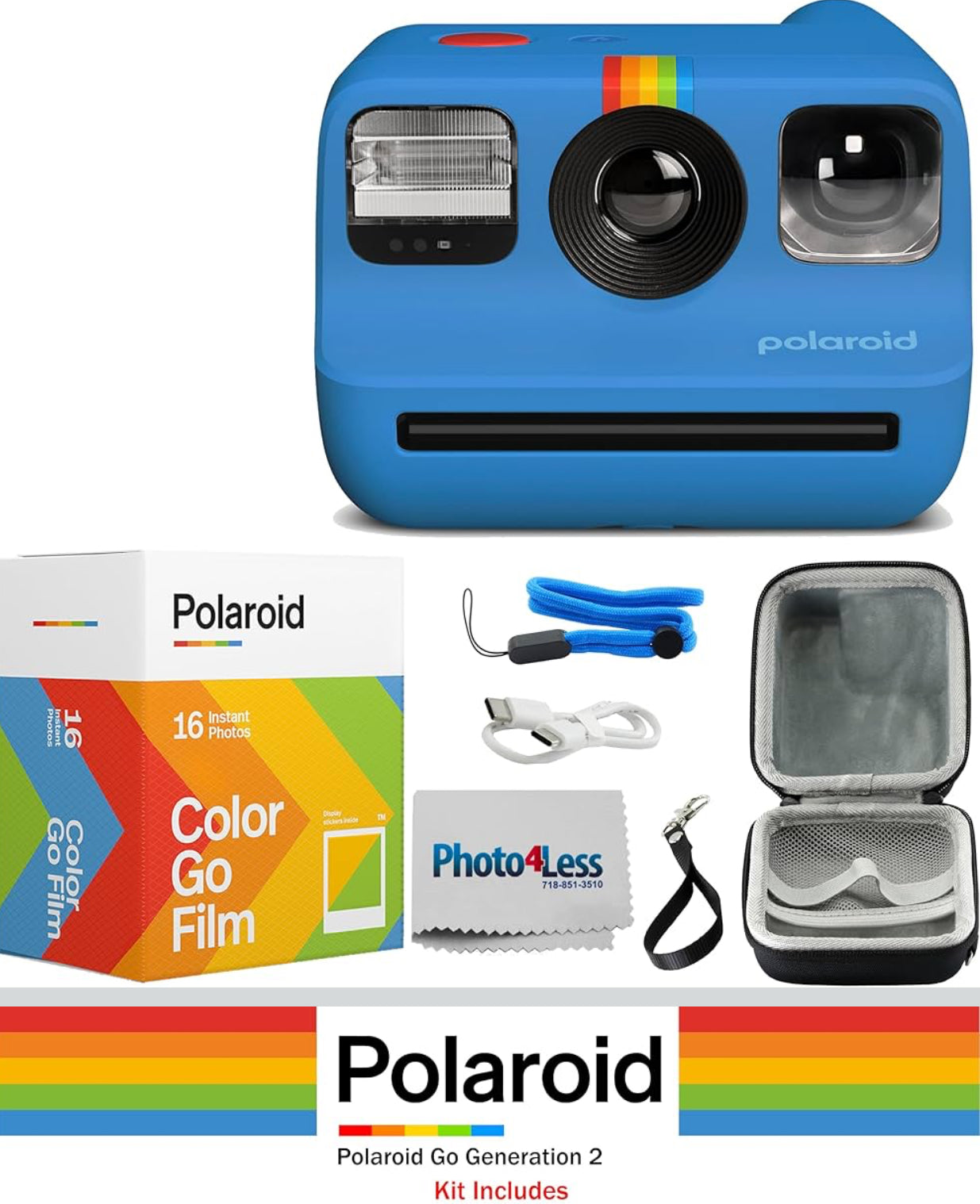 Polaroid Go Mini Camera Bundled with Polaroid GO Color Film Hard Carrying Case, Lens Cleaning Cloth - Blue