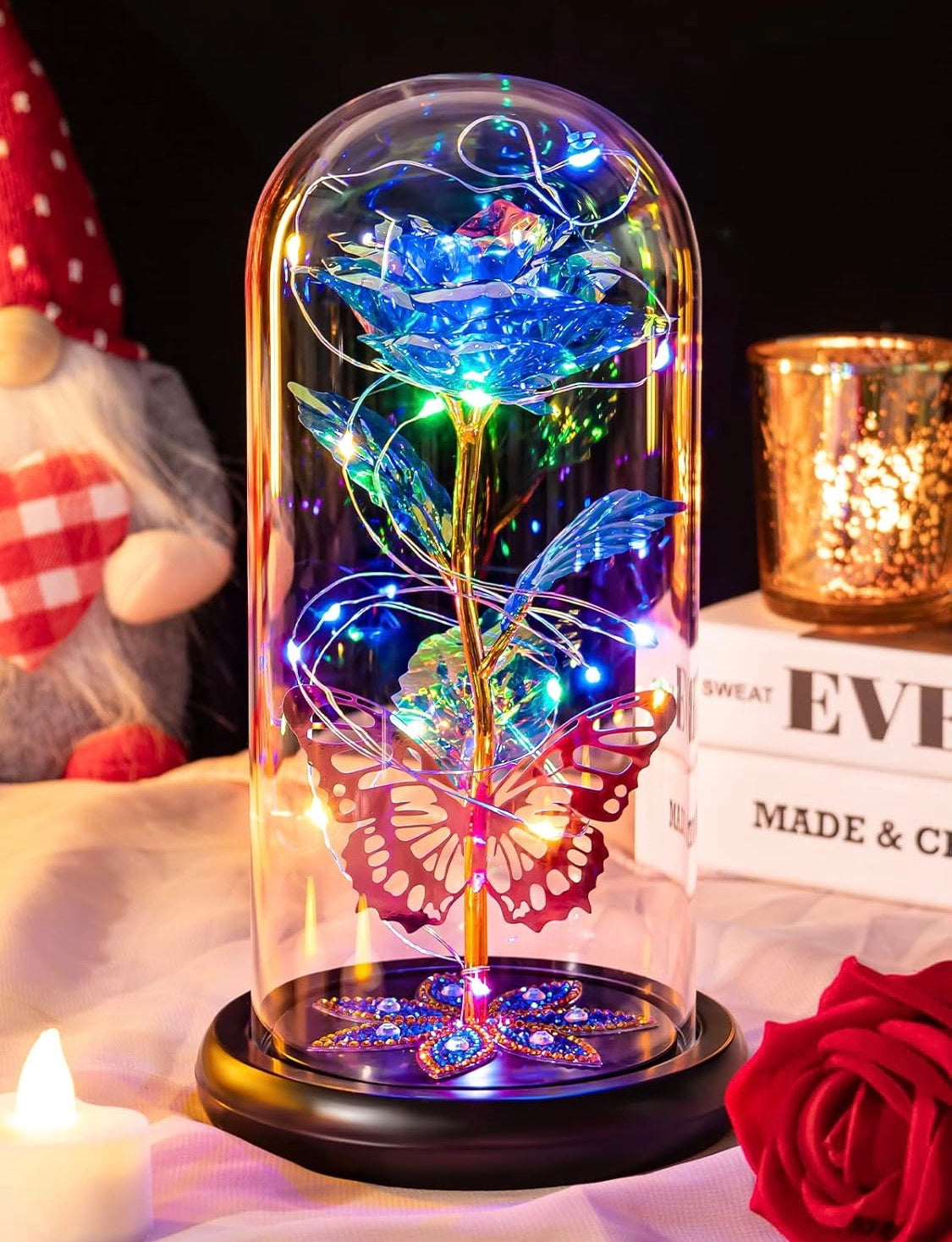 Preserved Crystal Roses in Glass Dome LED Lights w/ Butterfly - (Blue)