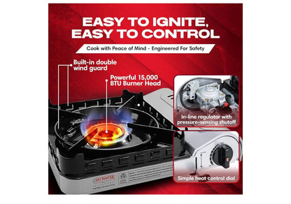 Chef Master 15,000 BTU Butane Portable Camp Stove | Double Wind-Guard Portable Stove Burner w/Piezo Click Ignition for Emergencies, Tailgating, Hiking, Backpacking & Camping Essentials - 90019
Double Wind Guard, Piezo Ignition, Canister Safety Lock, Press