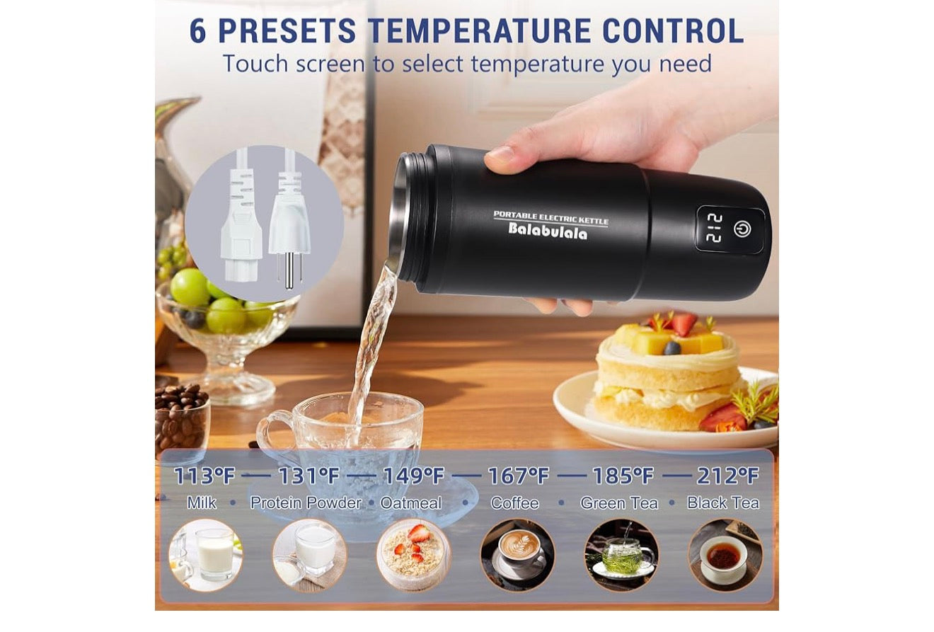 Reis-elektriese ketel, draagbare waterverwarmer met 6 veranderlike voorafinstellings, klein met silikoonbasisbedekking 414ml - (Swart)