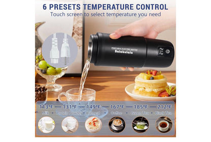 Reis-elektriese ketel, draagbare waterverwarmer met 6 veranderlike voorafinstellings, klein met silikoonbasisbedekking 414ml - (Swart)