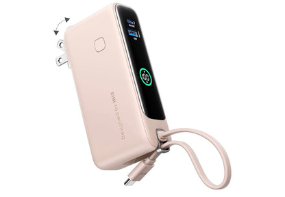 3-in-1 Portable Charger, Small 10000mah 30W Fast Charging Power Bank with Built-in USB C Cable and Foldable AC Plug - (Pink)