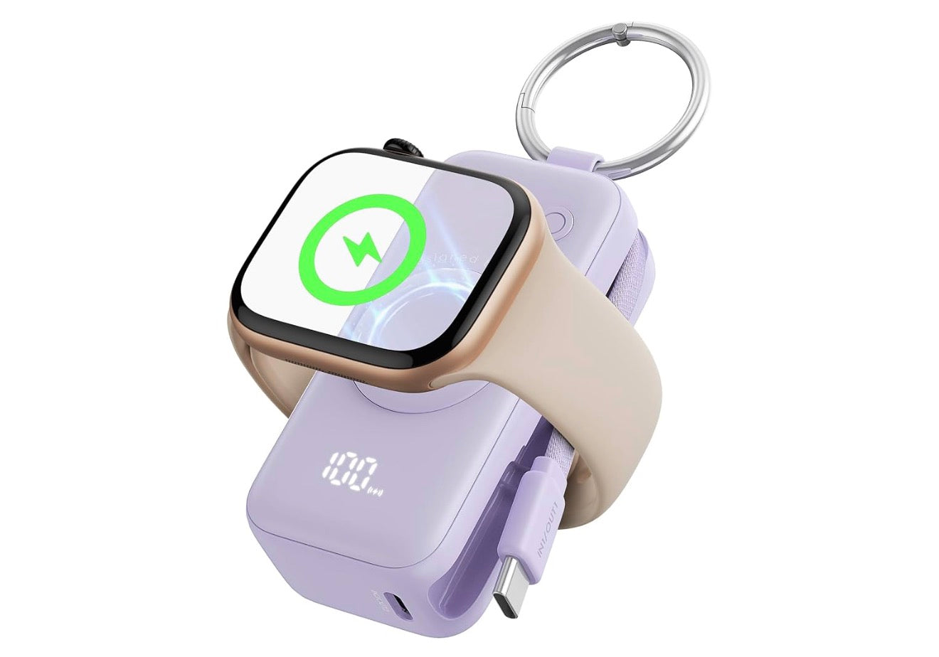 INIU SnapGo Portable Charger, 5000mAh Mini Power Bank for Apple Watch, Purple 20W Fast Charging, Travel Keychain, Built-in USB-C Cable, Flight-Safe, Battery Pack for Apple Watch, iPhone 17 etc, Purple