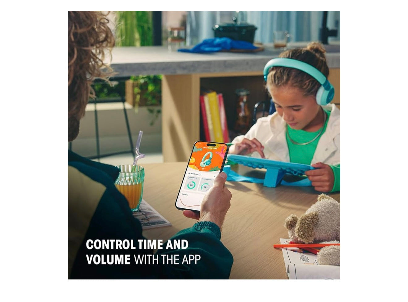 JBL Junior On-Ear Kids Headphones  Safe Sound 85dB, Parental Control w/ Customizable Volume Playtime, Easy monitoring, Built-in mic, 50-hour battery life