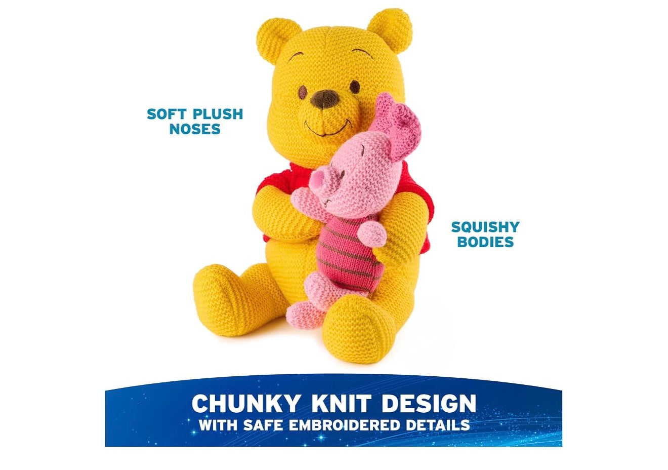 Disney 25cm Poeh en Knorretjie Gebreide Plaasdiere, Winnie die Poeh, Opgestopte Dier vir Ouderdomme 1 en Ouers - Geel/Pienk