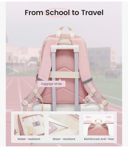 Skoolrugsak 15.6" Waterbestande Terug-skool toe-rugsakke, Oulike Kinderboeksak Met Hanger, Groot Kollege Reis dagsak - (Saliegroen & Room)