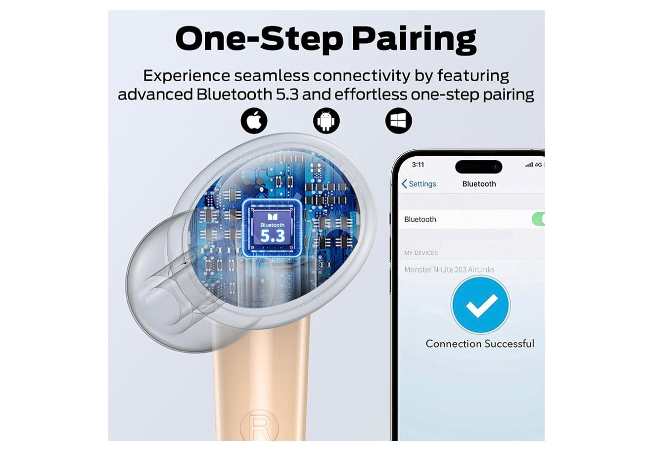 Monster AirLinks Draadlose Oorfone, Bluetooth 5.3 Oorfone HiFi Stereo, Draadlose Oorfone met HD Duidelike Oproep, 30H Speeltyd, Raakbeheer, Tipe-C Laai, IPX6 Waterdig