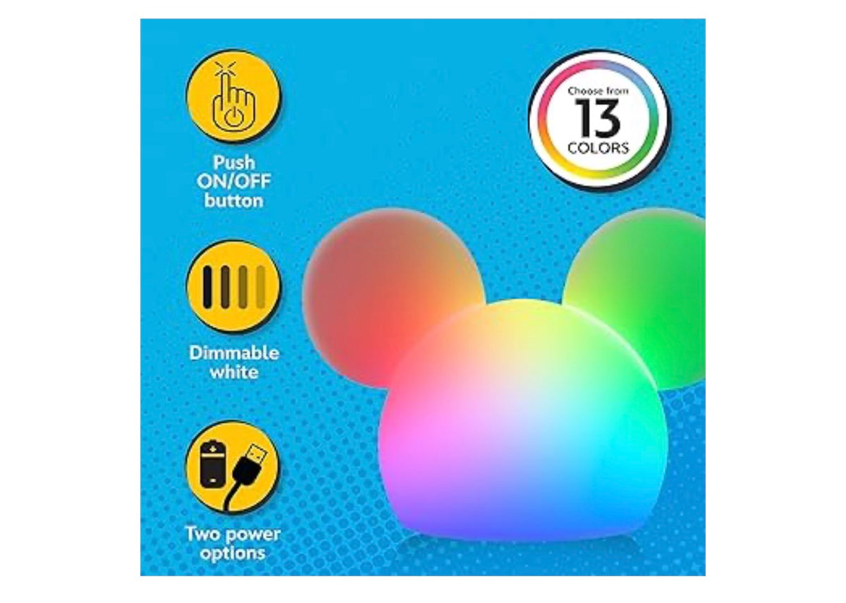 Mickey Mouse Squishy Color Changing, Night Light for Kids, USB Lamp, Battery Operated, Dimmable