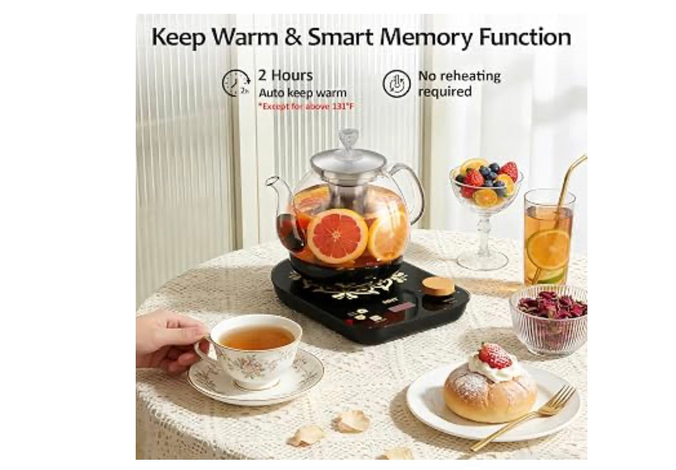 Elektriese Glas Teemakertjie met Infuser, ±1℉ Presiese Temperatuurbeheer, BPA-vry, Outomatiese Afskakeling, Brouprogram, Hou Warm - (Swart)