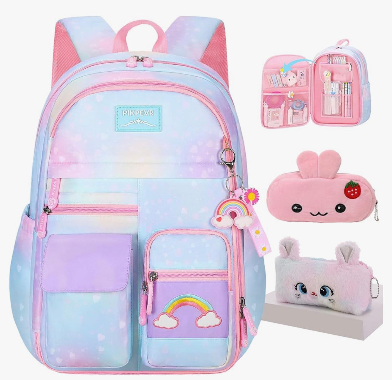 Rainbow Backpack For Girls Kids, Cute Student School Backpack With Pen Bag, Laptop Travel Bag (Blue)