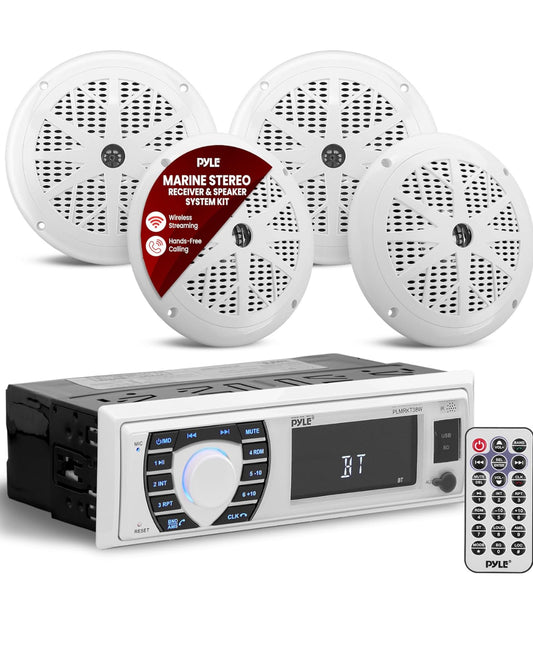 Pyle Marine Packaged - Single Din Radio Receiver Speaker Set 12v Bluetooth Compatible Waterproof Digital Boat In Dash Console System w/ 4 Speakers