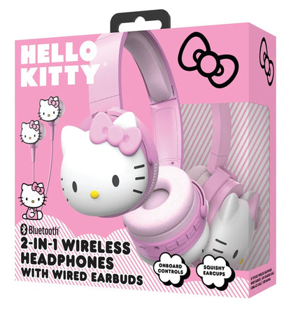 Hello Kitty 2-in-1 Wireless Bluetooth Headphones with Wired Earbuds – Foldable Over-Ear Headset with Built-in Mic, AUX Cable, Adjustable Headband, and Onboard Controls – Pink