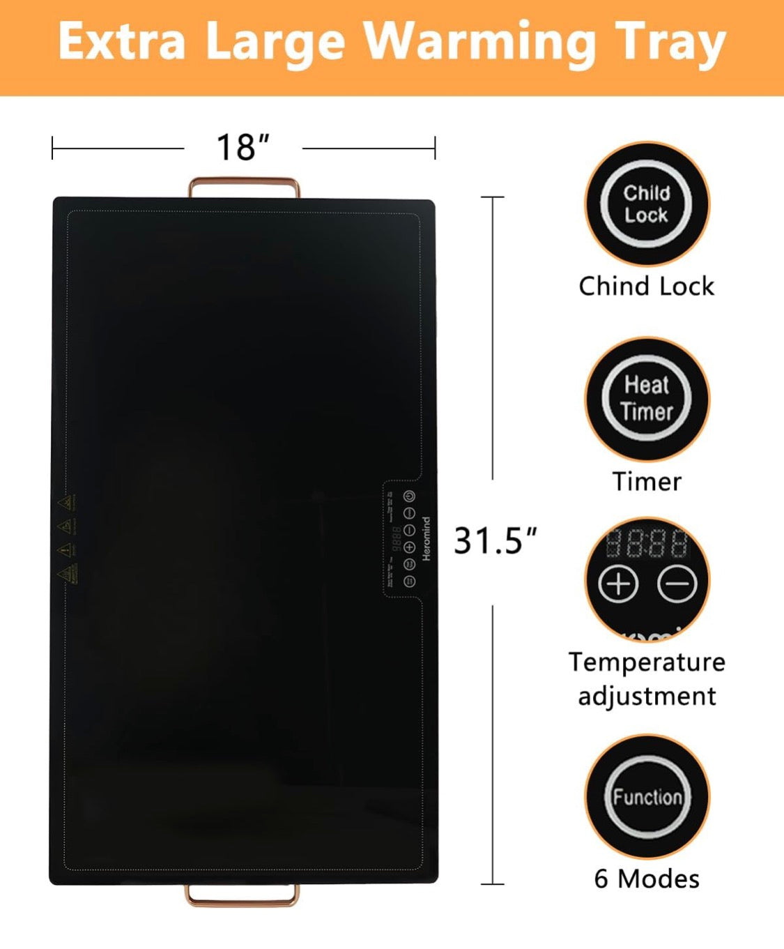Electric Warming Tray 31.5 × 17.7" with Handle Glass-Top Full-Surface Heating Food Warmer w/ Adjustable Temperature & Timer