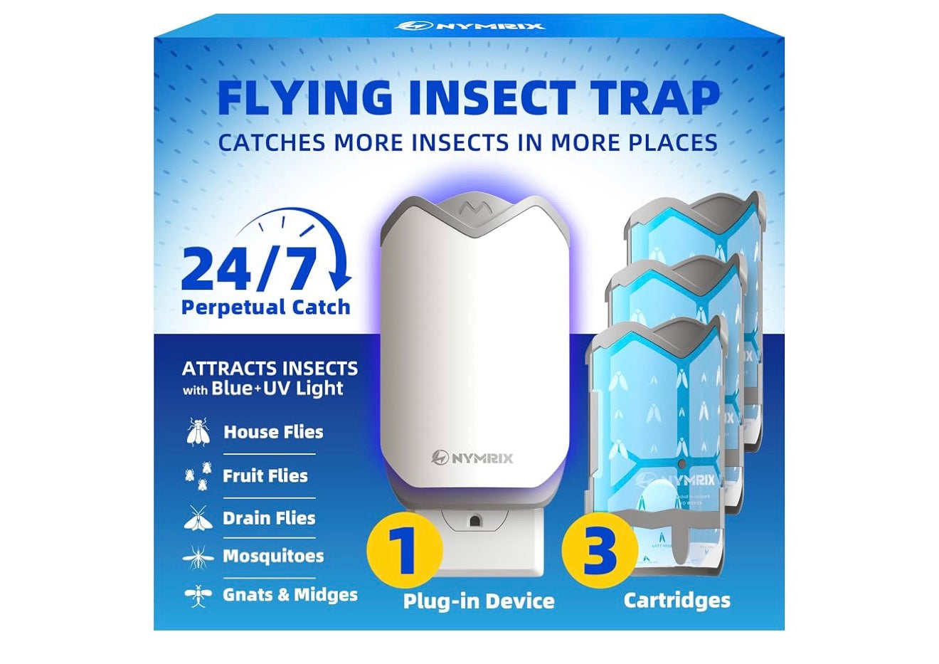 Nymrix Flying Insect Trap, Plug-in Indoor Fly Trap for Fruit Flies & Gnats 24/7 Blue Light Trap for House Flies & Mosquitoes, Works in Kitchens & Near Plants, Safe for Kids & Pets, 1 Base + 3 Refills
