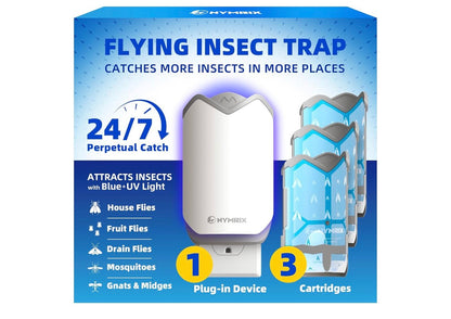 Nymrix Flying Insect Trap, Plug-in Indoor Fly Trap for Fruit Flies & Gnats 24/7 Blue Light Trap for House Flies & Mosquitoes, Works in Kitchens & Near Plants, Safe for Kids & Pets, 1 Base + 3 Refills