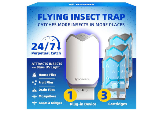 Flying Insect Trap, Plug-in Indoor Fly Trap for Fruit Flies & Gnats 24/7 Blue Light Trap - 1 Base + 3 Refills