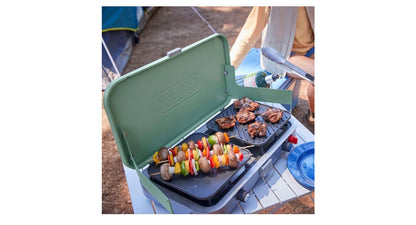 Coleman 3-in-1 Buitenkampeerstoof, Draagbare Kookplaat met Ingesluit Gietyster Braai- en Roosteraanhegtings, 24 000 BTU's Krag vir Kampering, Agterklepbraai, Braai