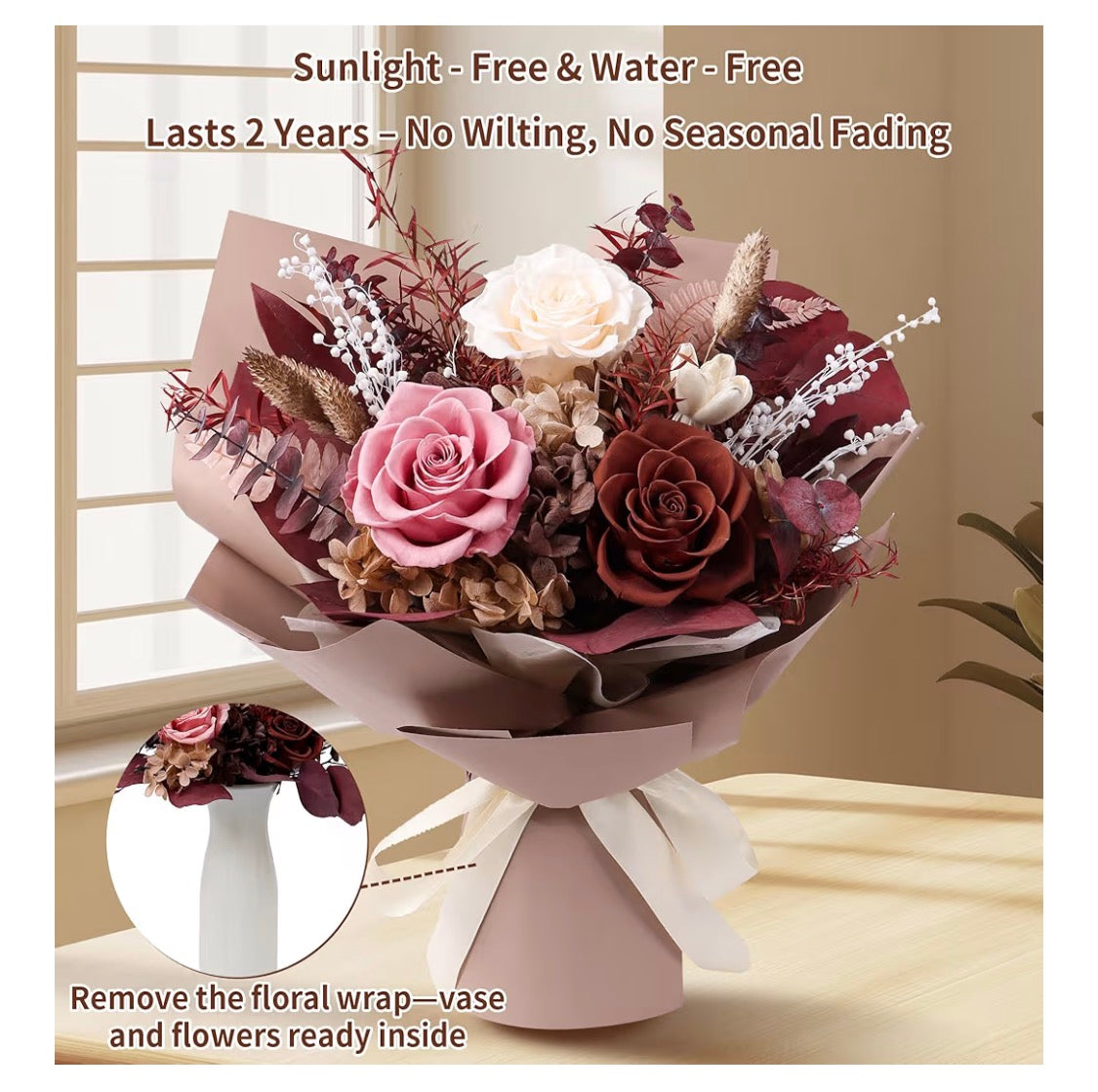Preserved Flowers Bouquet, Real Eternal Flowers, Gifts - Special Occasion - Caramel