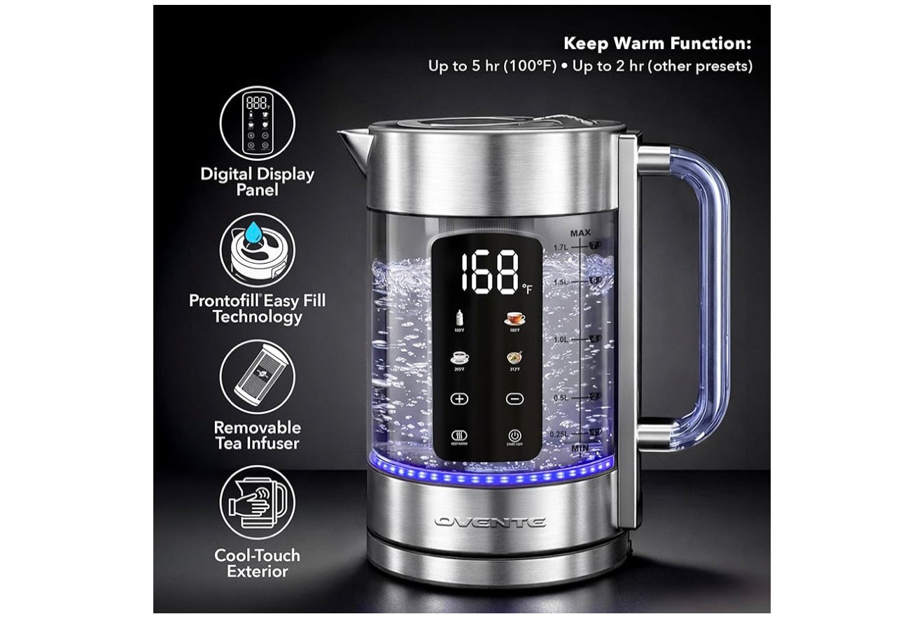Digitale Glas Elektriese Ketel 1.7L met Kleurveranderende LED-ligte Temperatuurbeheer, Dubbelwand Koel Aanraking, 4 Voorinstellings, Hou Warm, Tee-infuser en Kookdroogbeskerming - (Silwer)