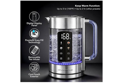 Digitale Glas Elektriese Ketel 1.7L met Kleurveranderende LED-ligte Temperatuurbeheer, Dubbelwand Koel Aanraking, 4 Voorinstellings, Hou Warm, Tee-infuser en Kookdroogbeskerming - (Silwer)