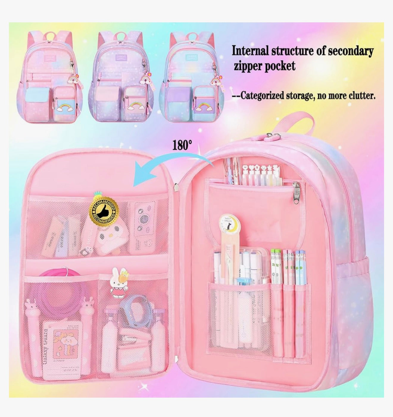 Rainbow Backpack For Girls Kids, Cute Student School Backpack With Pen Bag, Laptop Travel Bag (Pink)