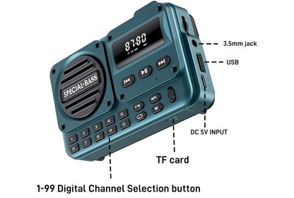 Sakradio FM USB-C Laai 2000mAh Herlaaibaar Uitstekende Ontvangs Duidelike Luidspreker en Oorfoneaansluiting, LCD-skerm, FM-radio vir Stap/Draf/Gim, Bluetooth/TF.(GEEN AM) - (Koolstof)