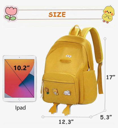Oulike Eend Rugsak vir Tienermeisies Vroue, Kawaii Snaaks Estetiese Korduroy Boeksak vir Hoër Middel Skool - (Geel)