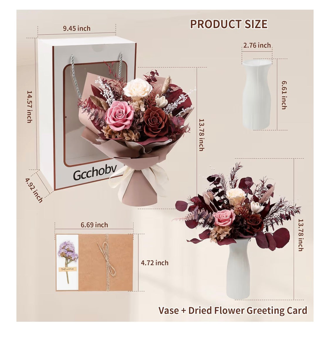 Preserved Flowers Bouquet, Real Eternal Flowers, Gifts - Special Occasion - Caramel