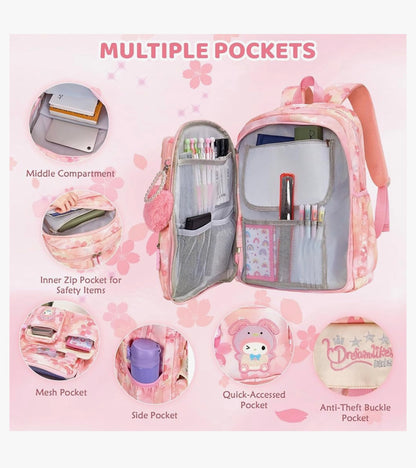 Kinderstelle Rugsak 17" vir Dogters, Spotprent Skooltas vir Laerskool Middelbare Skool Studente Boekentas met Kosblik & Potloodsakkie - (Pienk