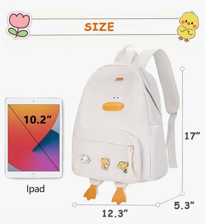 Oulike Eend Rugsak vir Tienermeisies Vroue, Kawaii Snaakse Estetiese Koordfluweel Boeksak vir Hoër Middel Skool - (Wit)