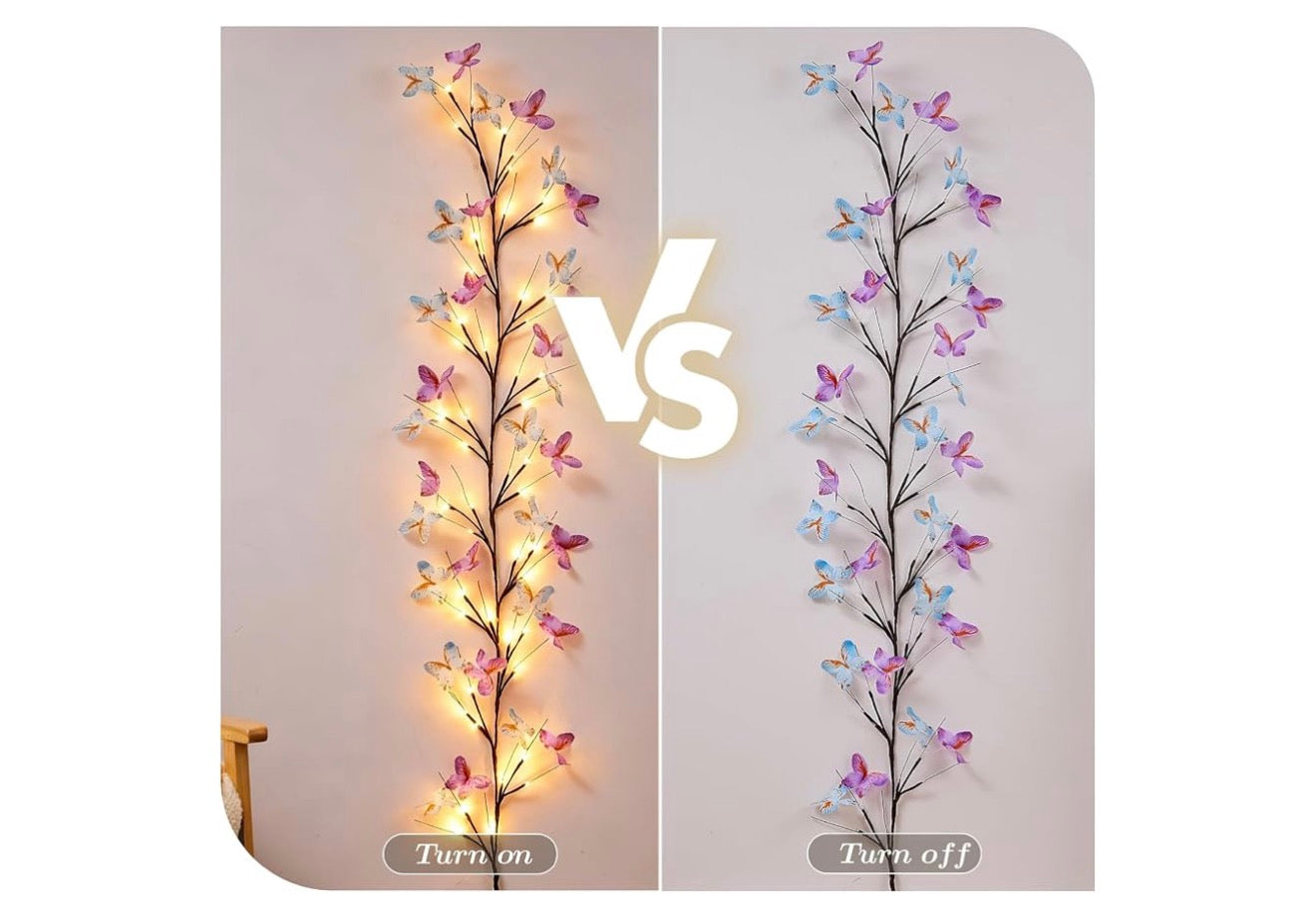 Wilgerranklig met Vlinder 48LED 1.8M Betowerde Muurversiering 8 Ligmodusse vir Binneshuise Huis Muurversiering - (Warm Wit)