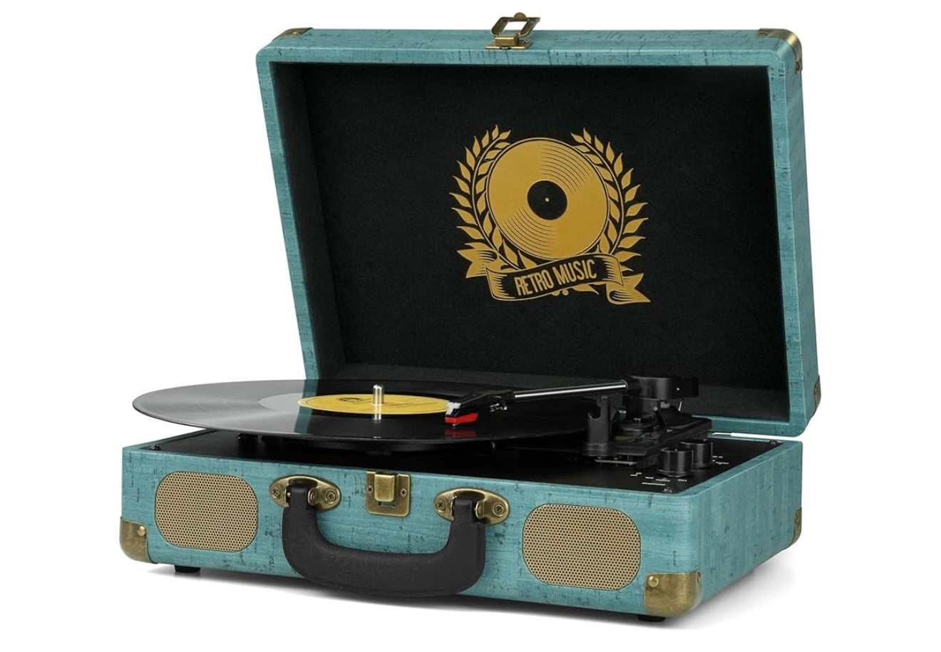 Vinylplatspeler 3-spoed Bluetooth Koffer Draagbaar Riemaangedrewe, Ondersteun Bluetooth, RCA-uitset, 3.5mm aux-ingang en Oorfone - (Vintage)
